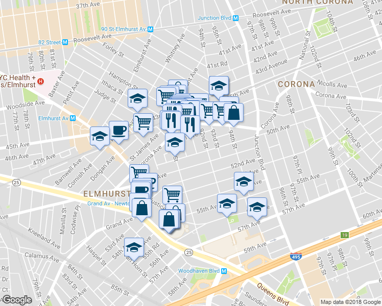 map of restaurants, bars, coffee shops, grocery stores, and more near 91-09 50th Avenue in Queens