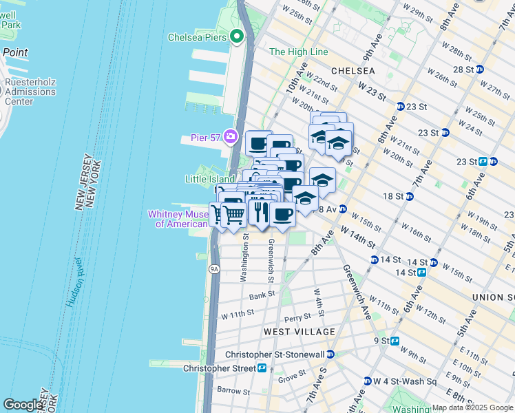 map of restaurants, bars, coffee shops, grocery stores, and more near 15 Little West 12th Street in New York