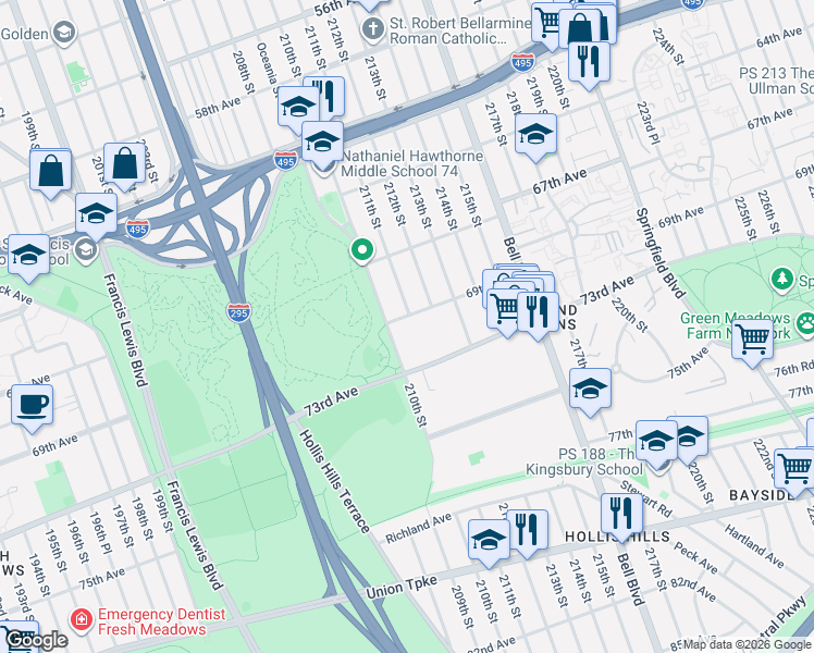 map of restaurants, bars, coffee shops, grocery stores, and more near 69-5 210th Street in Queens