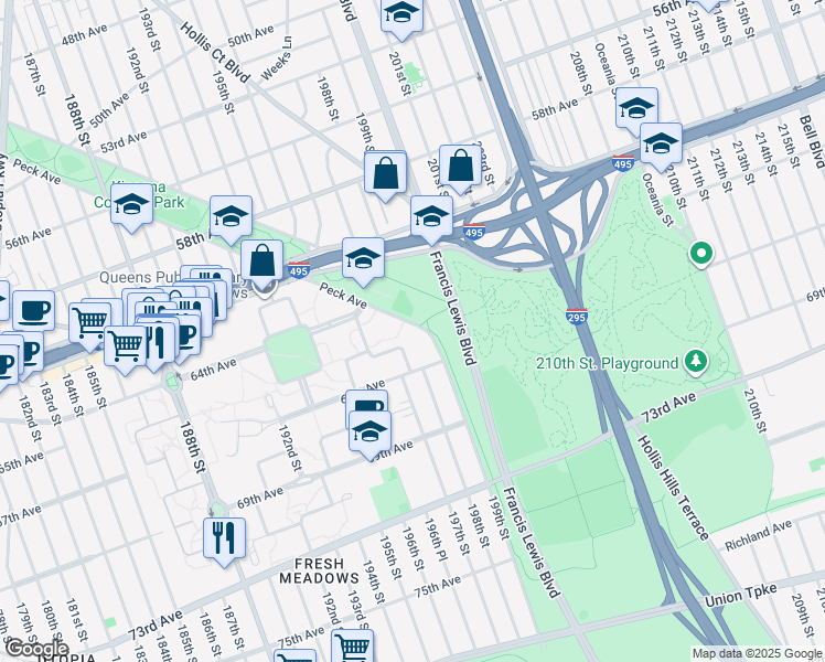 map of restaurants, bars, coffee shops, grocery stores, and more near 197-80 Peck Avenue in Queens