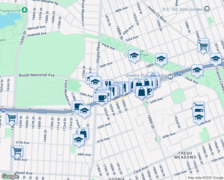 map of restaurants, bars, coffee shops, grocery stores, and more near 18303 Horace Harding Expressway in Queens