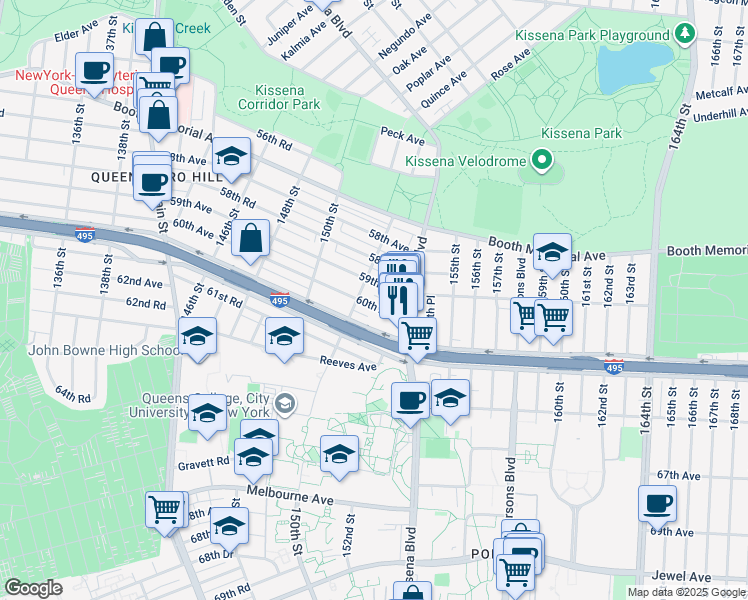 map of restaurants, bars, coffee shops, grocery stores, and more near 153-22 60th Avenue in Queens