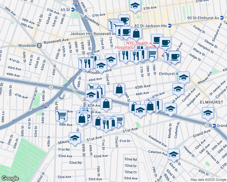 map of restaurants, bars, coffee shops, grocery stores, and more near 72-01 Queens Boulevard in Queens