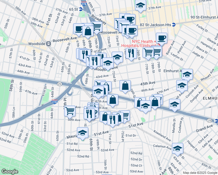 map of restaurants, bars, coffee shops, grocery stores, and more near 70-33 Queens Boulevard in Queens