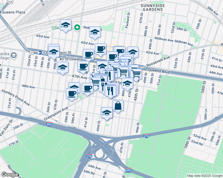 map of restaurants, bars, coffee shops, grocery stores, and more near 47-46 44th Street in Queens