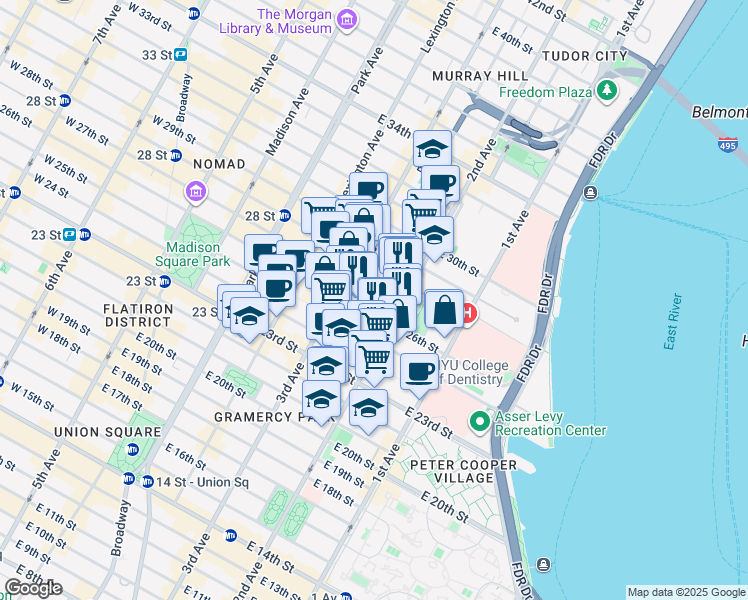 map of restaurants, bars, coffee shops, grocery stores, and more near 123 5th Avenue in New York