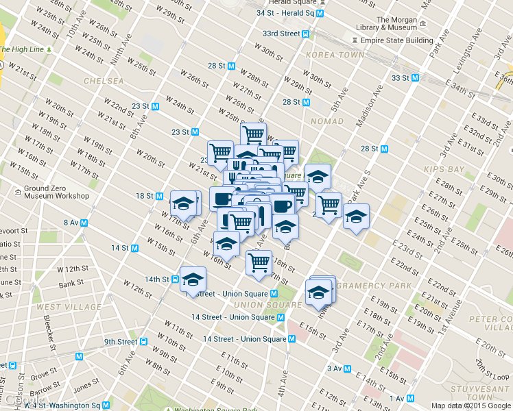map of restaurants, bars, coffee shops, grocery stores, and more near 20 West 20th Street in New York