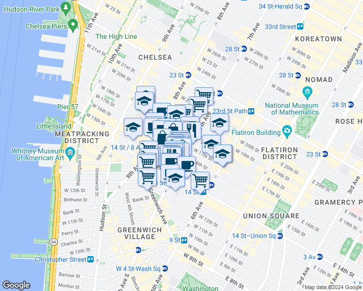 map of restaurants, bars, coffee shops, grocery stores, and more near in New York
