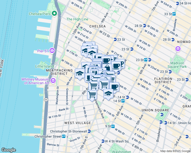 map of restaurants, bars, coffee shops, grocery stores, and more near 228 West 15th Street in New York