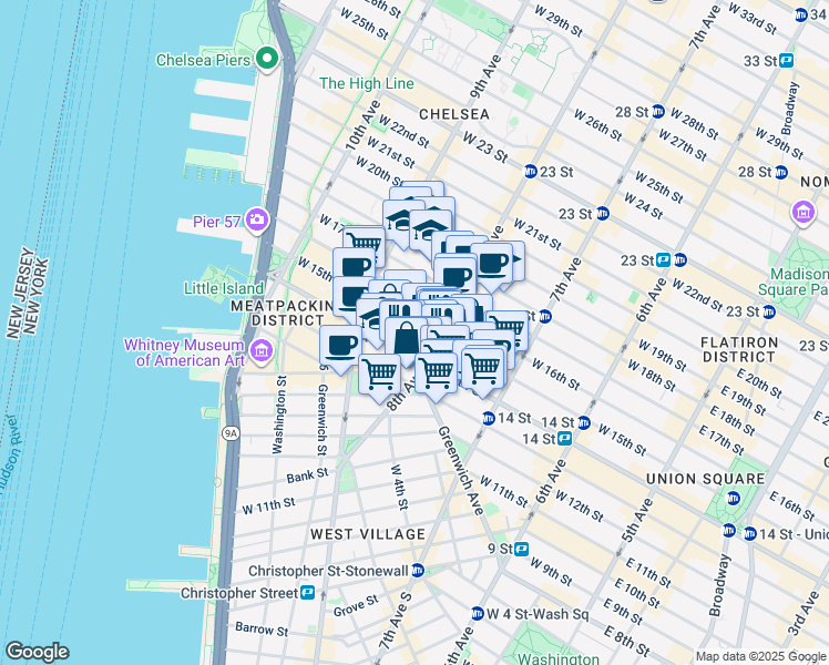 map of restaurants, bars, coffee shops, grocery stores, and more near in New York