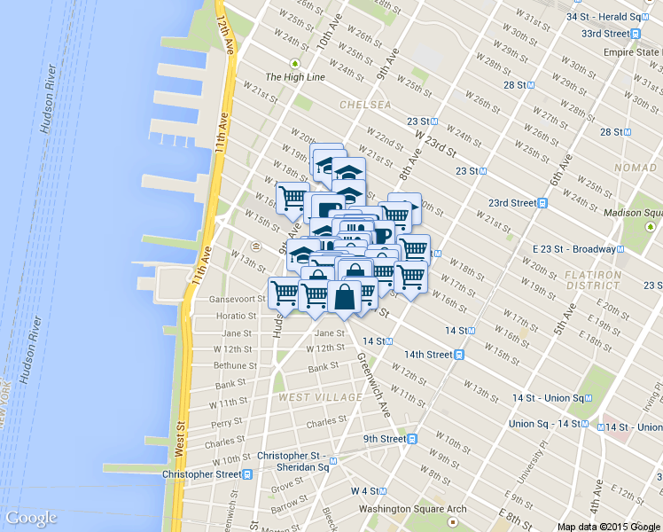 map of restaurants, bars, coffee shops, grocery stores, and more near in New York