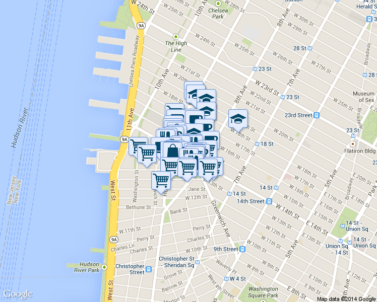 map of restaurants, bars, coffee shops, grocery stores, and more near 2 Gansevoort Street in New York