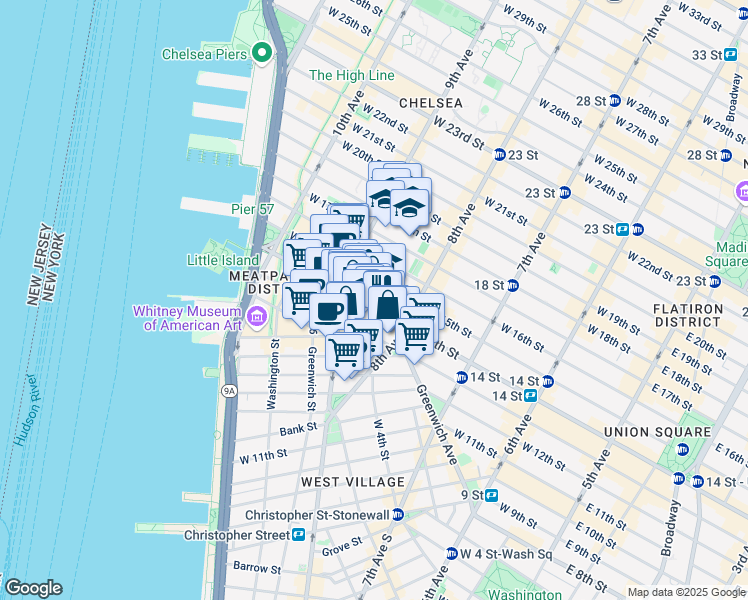 map of restaurants, bars, coffee shops, grocery stores, and more near 2 Gansevoort Street in New York