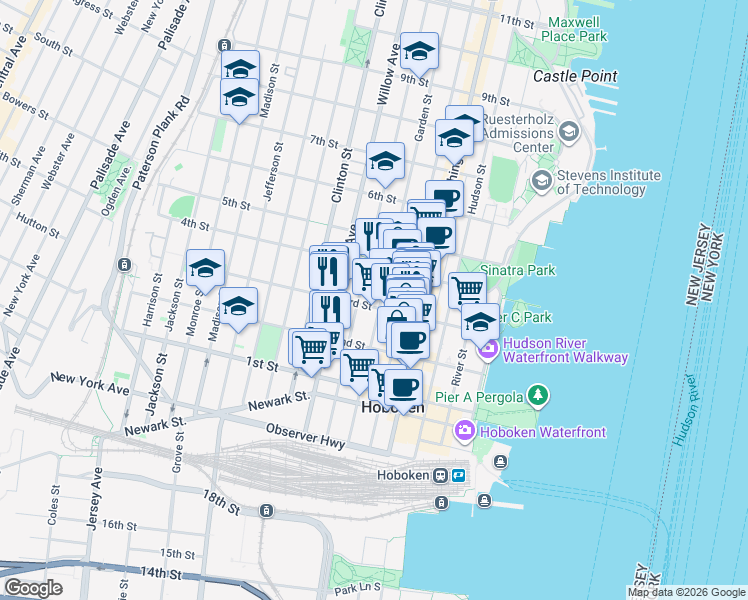map of restaurants, bars, coffee shops, grocery stores, and more near 223 Park Avenue in Hoboken