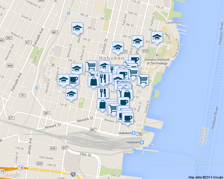 map of restaurants, bars, coffee shops, grocery stores, and more near 223 Park Avenue in Hoboken