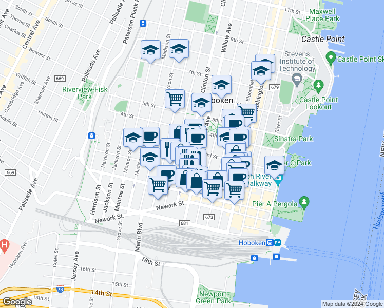 map of restaurants, bars, coffee shops, grocery stores, and more near 309 2nd Street in Hoboken