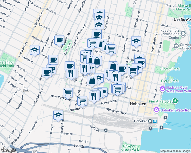 map of restaurants, bars, coffee shops, grocery stores, and more near 509 2nd Street in Hoboken