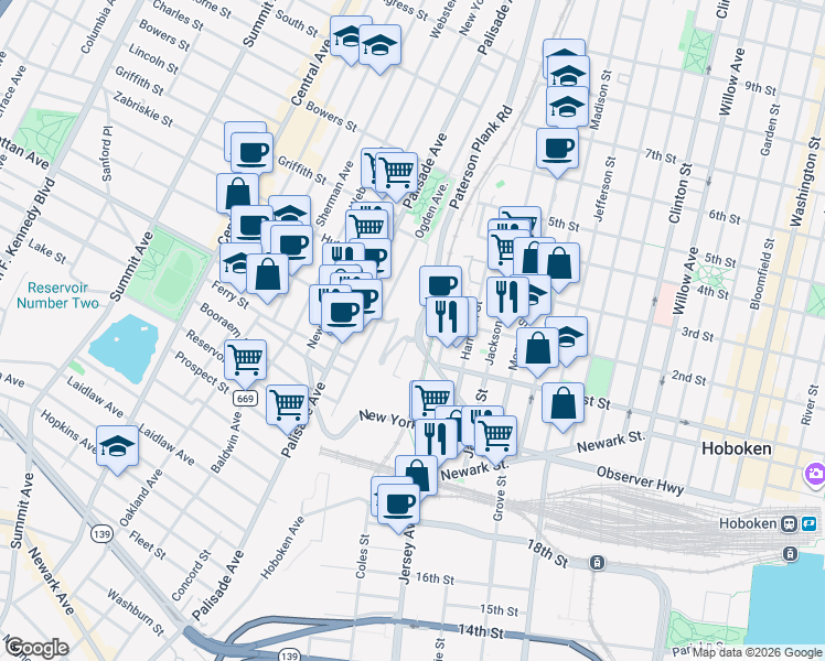 map of restaurants, bars, coffee shops, grocery stores, and more near 33 Hope Street in Jersey City