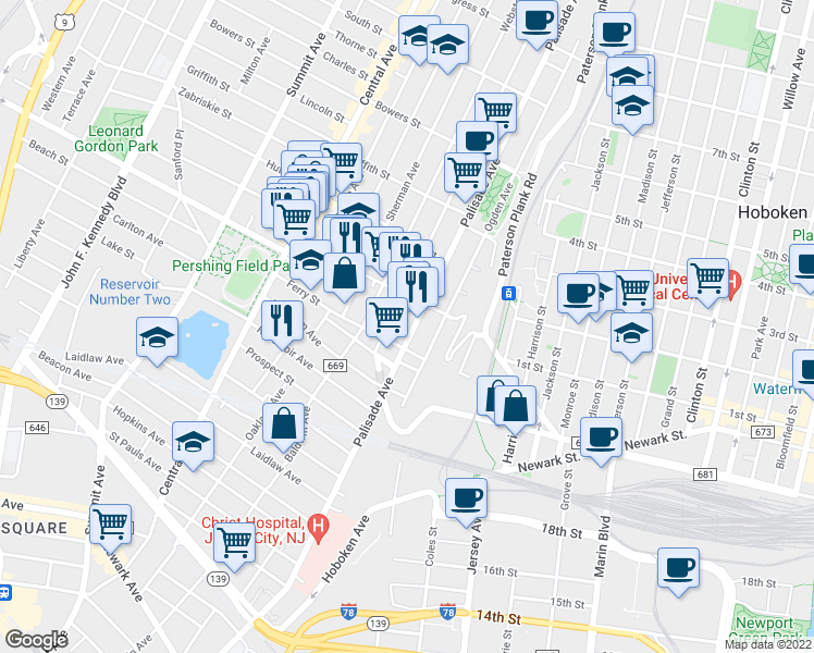 map of restaurants, bars, coffee shops, grocery stores, and more near 325 Palisade Avenue in Jersey City