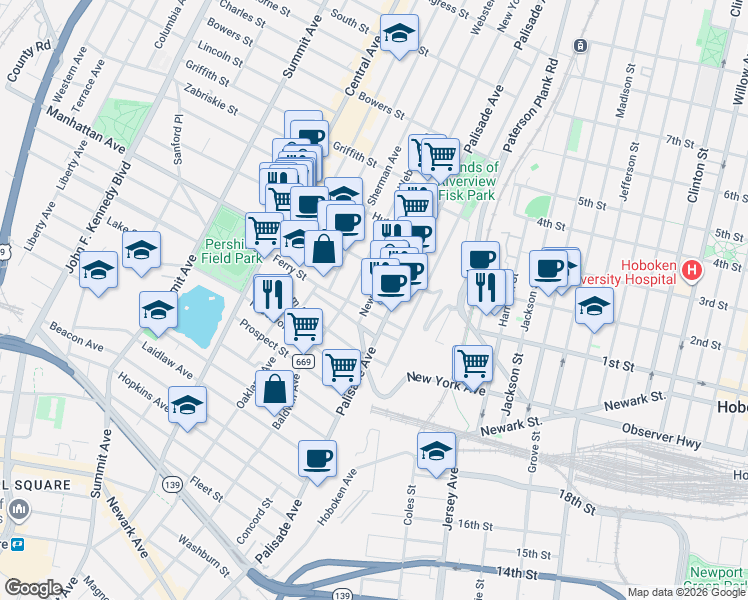 map of restaurants, bars, coffee shops, grocery stores, and more near 325 Palisade Avenue in Jersey City