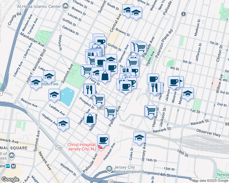 map of restaurants, bars, coffee shops, grocery stores, and more near 325 Palisade Avenue in Jersey City