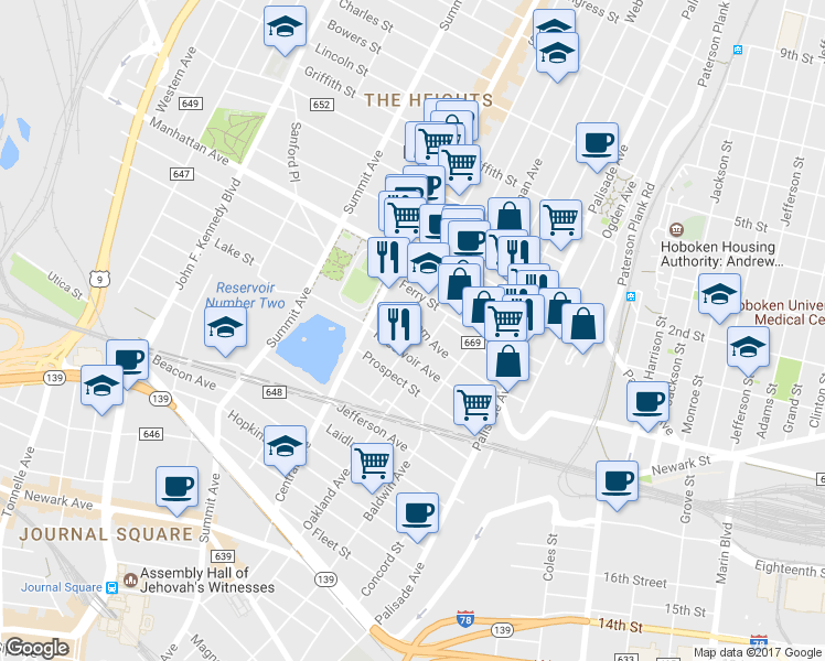 map of restaurants, bars, coffee shops, grocery stores, and more near 91 Booraem Avenue in Jersey City