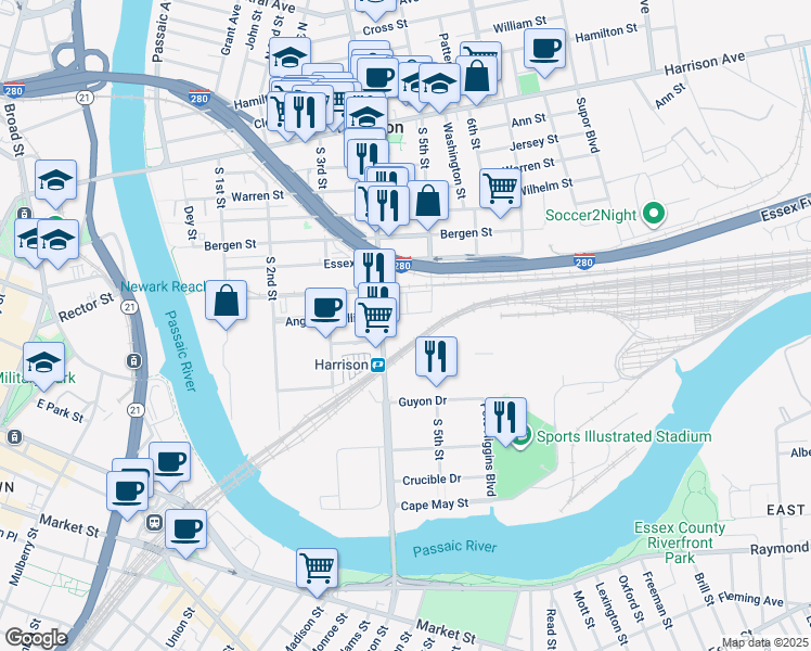 map of restaurants, bars, coffee shops, grocery stores, and more near in Harrison