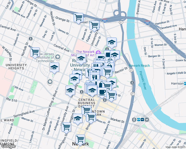map of restaurants, bars, coffee shops, grocery stores, and more near 71 Halsey Street in Newark