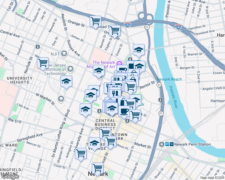 map of restaurants, bars, coffee shops, grocery stores, and more near 71 Halsey Street in Newark