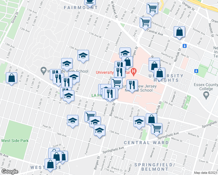 map of restaurants, bars, coffee shops, grocery stores, and more near 216 Fairmount Avenue in Newark