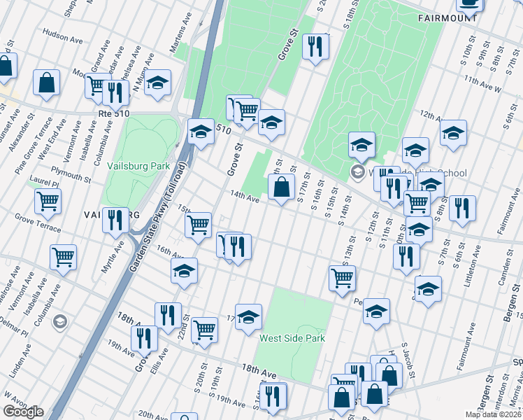 map of restaurants, bars, coffee shops, grocery stores, and more near 492 South 19th Street in Newark