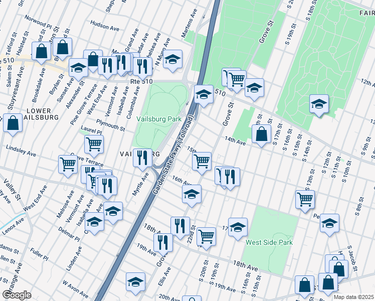 map of restaurants, bars, coffee shops, grocery stores, and more near 41 Vine Avenue in Irvington