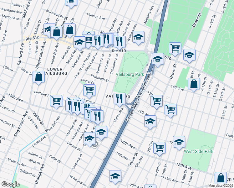 map of restaurants, bars, coffee shops, grocery stores, and more near 28 Vailsburg Terrace in Newark