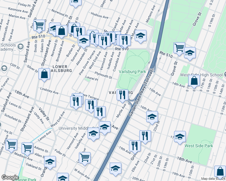 map of restaurants, bars, coffee shops, grocery stores, and more near 153 South Munn Avenue in Newark