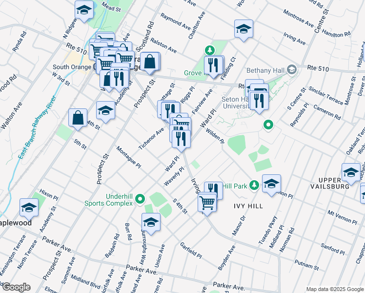 map of restaurants, bars, coffee shops, grocery stores, and more near 400 Irvington Avenue in South Orange