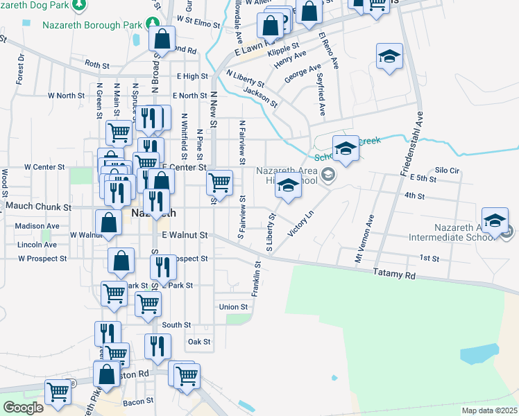 map of restaurants, bars, coffee shops, grocery stores, and more near 421 Bank Street in Nazareth