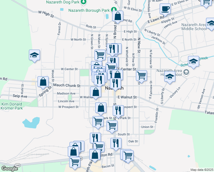 map of restaurants, bars, coffee shops, grocery stores, and more near 127 South Spruce Street in Nazareth