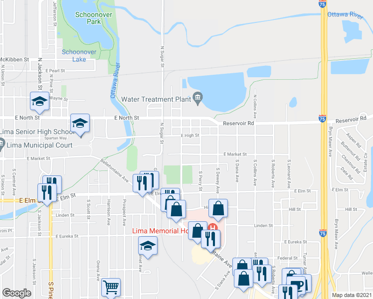 map of restaurants, bars, coffee shops, grocery stores, and more near 1118 East Market Street in Lima