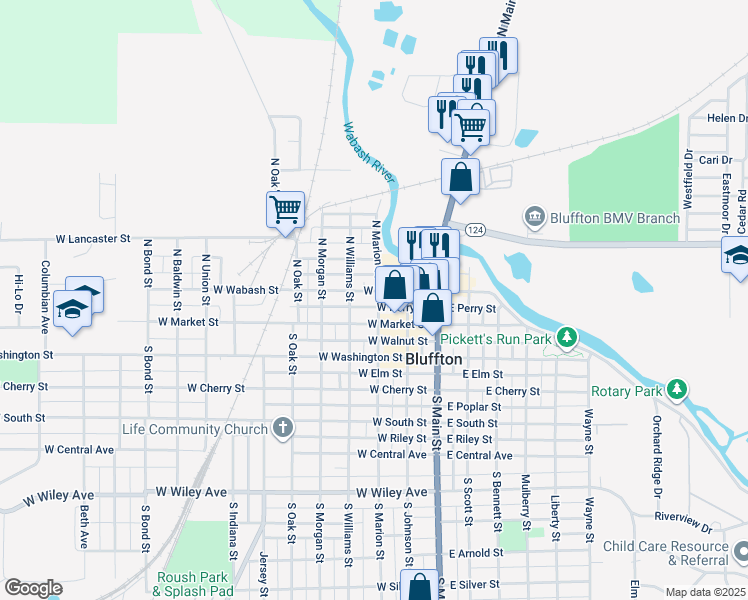 map of restaurants, bars, coffee shops, grocery stores, and more near 313 West Market Street in Bluffton