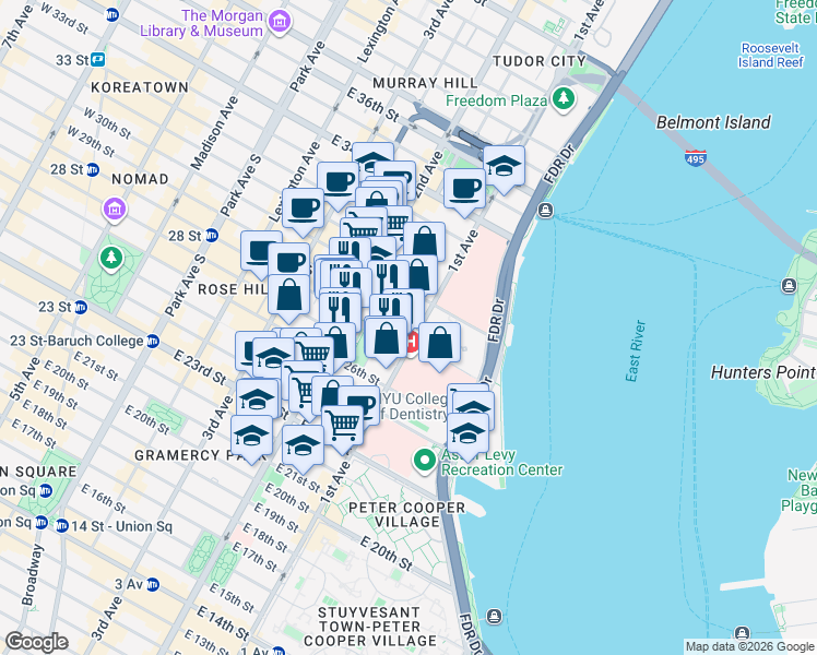 map of restaurants, bars, coffee shops, grocery stores, and more near 344 East 29th Street in New York