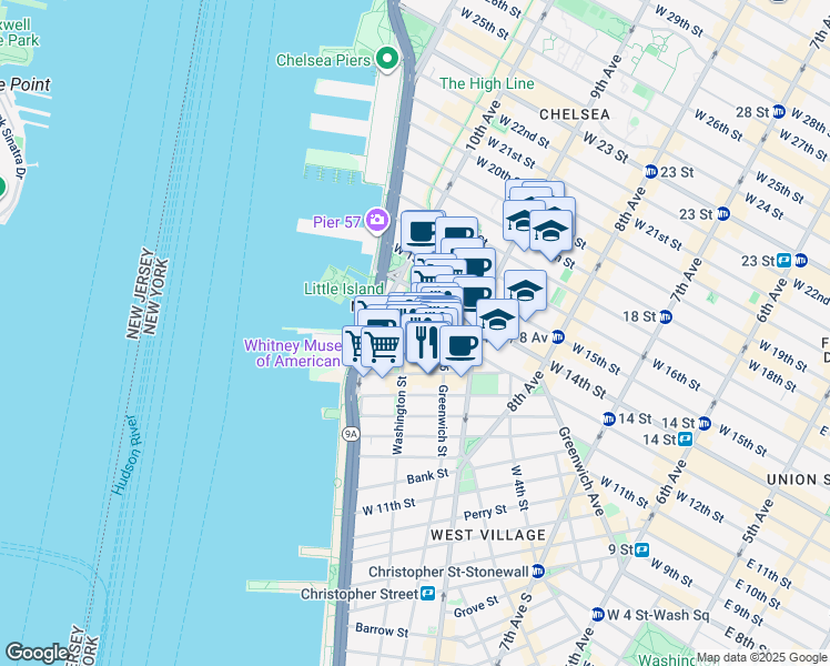 map of restaurants, bars, coffee shops, grocery stores, and more near 837 Washington Street in New York