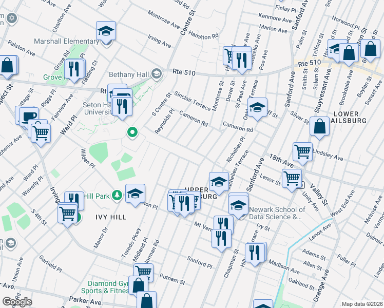 map of restaurants, bars, coffee shops, grocery stores, and more near 7 Norman Road in Newark