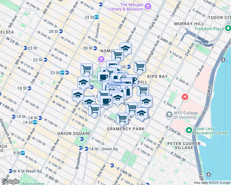 map of restaurants, bars, coffee shops, grocery stores, and more near 315 Park Avenue South in New York