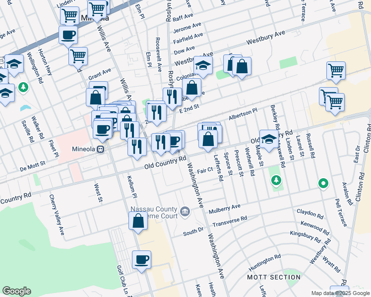 map of restaurants, bars, coffee shops, grocery stores, and more near 1 Birchwood Court in Mineola