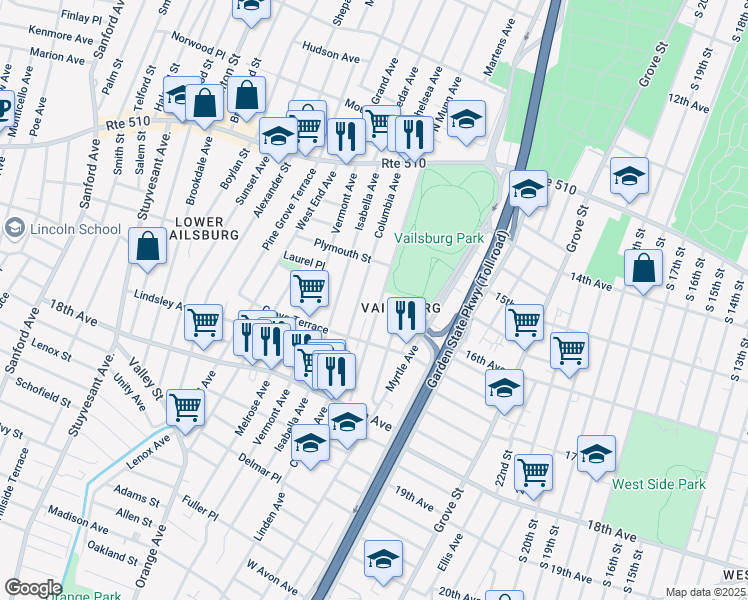 map of restaurants, bars, coffee shops, grocery stores, and more near 153 South Munn Avenue in Newark