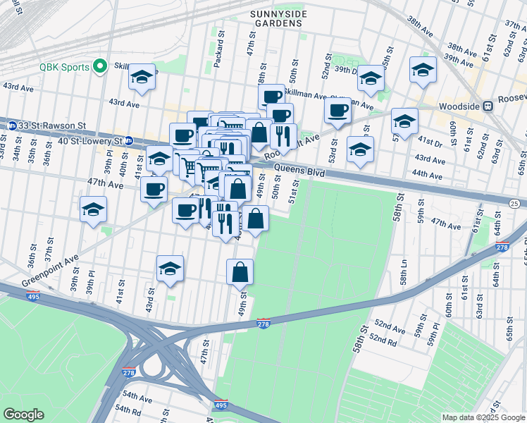map of restaurants, bars, coffee shops, grocery stores, and more near 47-29 49th Street in Queens