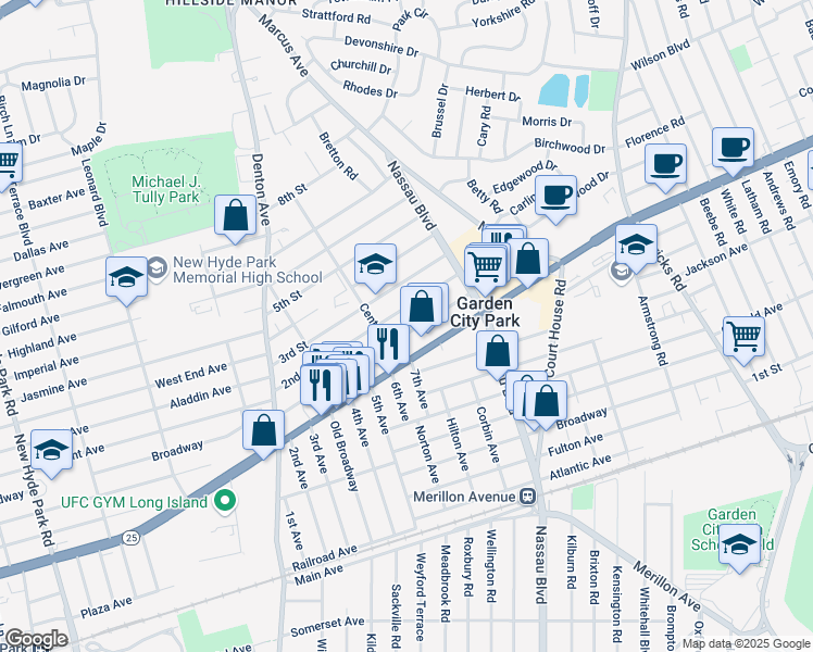 map of restaurants, bars, coffee shops, grocery stores, and more near 67 1st Street in Garden City
