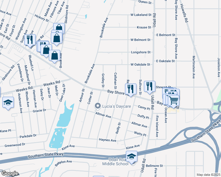 map of restaurants, bars, coffee shops, grocery stores, and more near 92 Horton Street in West Islip