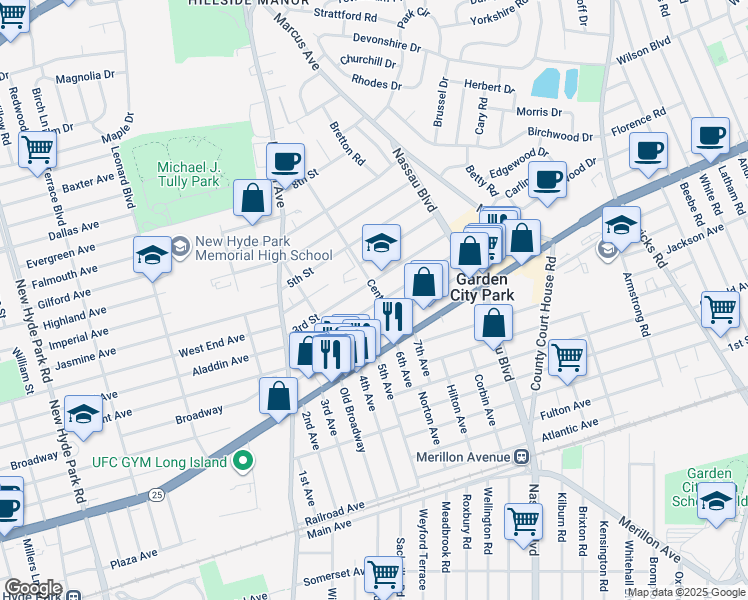 map of restaurants, bars, coffee shops, grocery stores, and more near 54 2nd Street in New Hyde Park