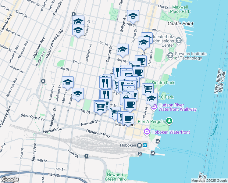 map of restaurants, bars, coffee shops, grocery stores, and more near 250 3rd Street in Hoboken
